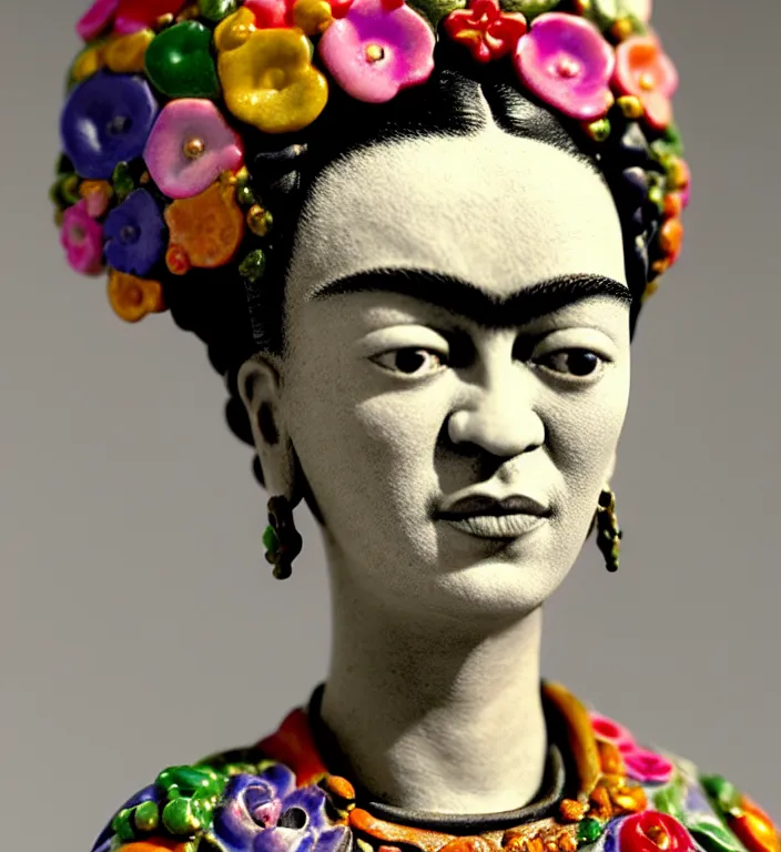 Prompt: Frida Kahlo , A Close up photo-real delicate ceramic porcelain sculpture of a symmetrical ornate detailed in front of an intricate background by Victo Ngai and takato yamamoto, micro detail, backlit lighting, face in focus, subsurface scattering, translucent, thin porcelain, octane renderer, colorful, physically based rendering, japanese pottery, trending on cgsociety