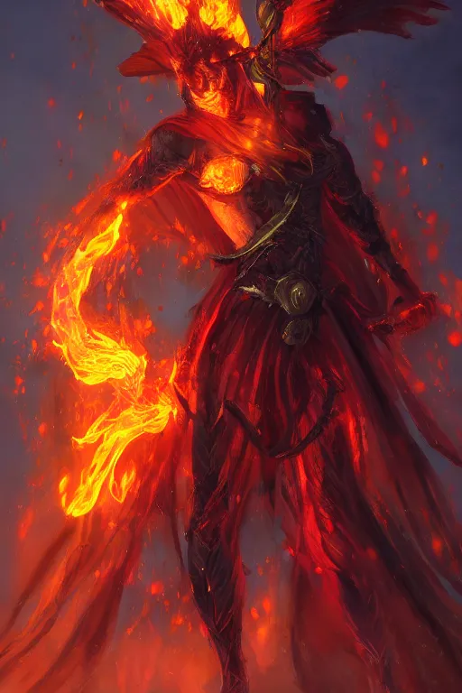 Prompt: fire elemental myrmidon blessed by the long - tailed widowbird, art by stephen fabian and chris achilleos, trending on artstation, portrait,
