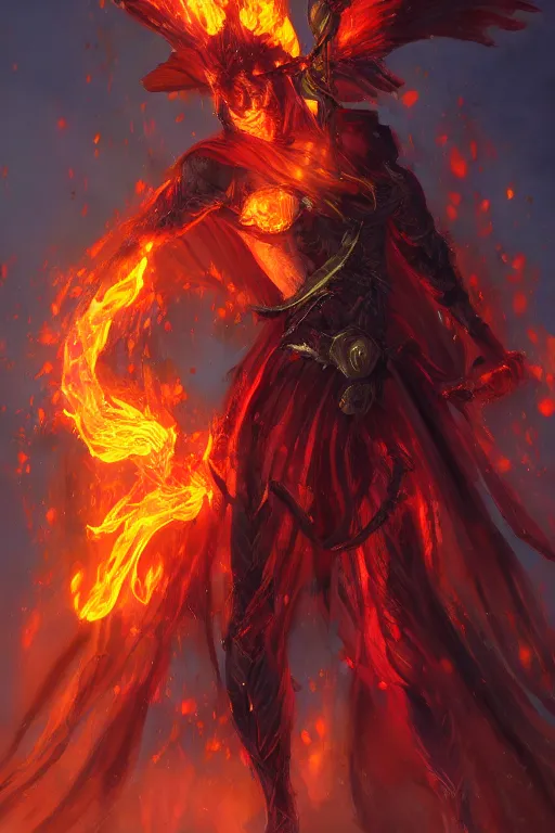 Image similar to fire elemental myrmidon blessed by the long - tailed widowbird, art by stephen fabian and chris achilleos, trending on artstation, portrait,