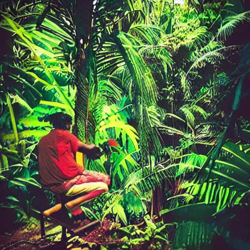 Image similar to “perch-man plays the pots in the deep jungle, graffiti background, detailed, retro Lomo”