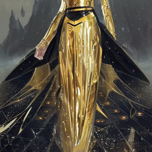 Image similar to Photorealistic illustration, 3/4 view of Korean fashion model in Star Wars sith black and gold robes, sci-fi, futuristic, intricate, elegant, highly detailed, digital painting, artstation, concept art, smooth, sharp focus, art by artgerm, greg rutkowski and alphonse mucha