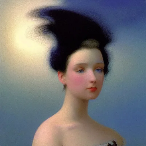 Prompt: young woman's face, her hair is titanium white and she wears a cobalt blue satin cloak, by ivan aivazovsky and syd mead and moebius and gaston bussiere and roger dean and willem claesz and pieter claesz and paul delaroche and alma tadema and aelbert cuyp, hyperrealistic, volumetric light, octane render