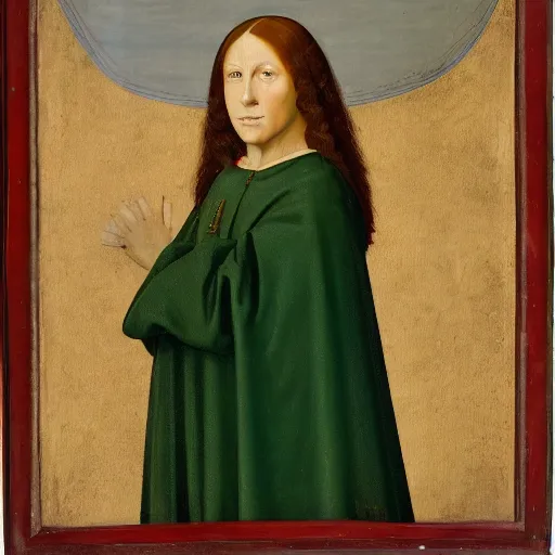 Image similar to portrait of a 40 years old women, dark red hair, green eyes, in medieval clothing, renaissance painting