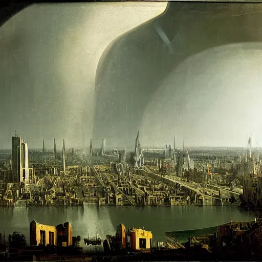 Image similar to planetary city by ansel adams and bernardo bellotto