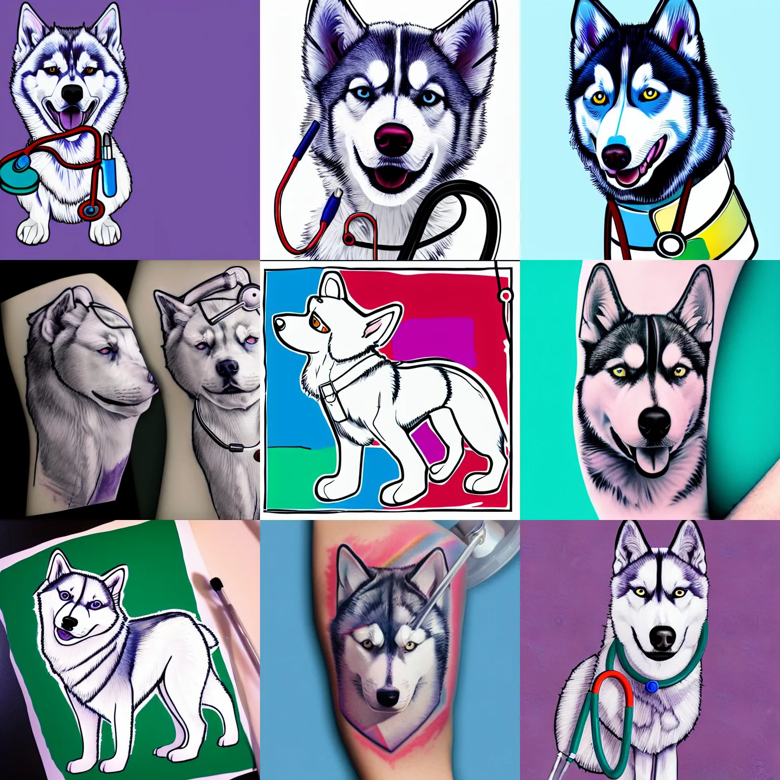 Prompt: colored husky with a stethoscope wearing a white docter ’ s coat tattoo concept art, line art, 4 k hd, realistic, simplistic