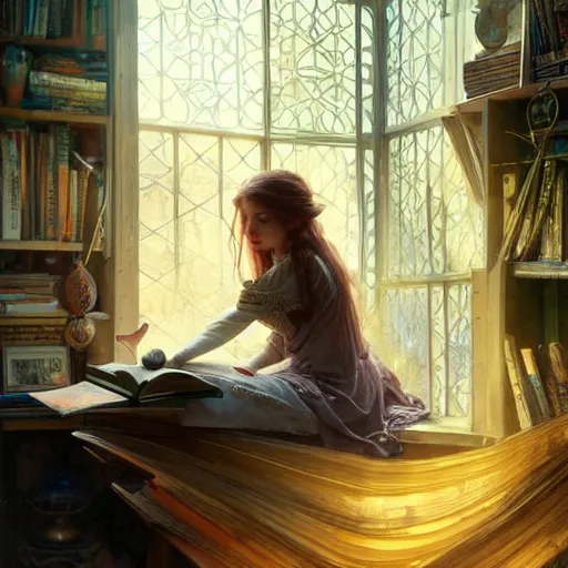 Image similar to Portrait of a girl in cluttered windowed study, reading a book while light streams in through the skylight, her pet fox sleeping beside her, fantasy, intricate, elegant, highly detailed, digital painting, artstation, concept art, smooth, sharp focus, illustration, art by Krenz Cushart and Artem Demura and alphonse mucha