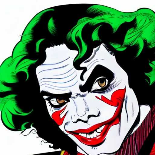 Prompt: dynamic macro head portrait of beautifu michael jackson as the joker in white sequined jacket by john romita sr and cory walker and ryan ottley and jack kirby and barry windsor - smith, comic, illustration, photo real