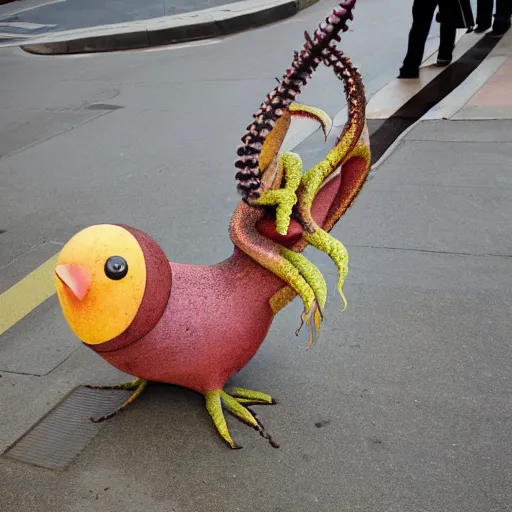 Prompt: a strange bird octopus hybrid creature waiting for the bus