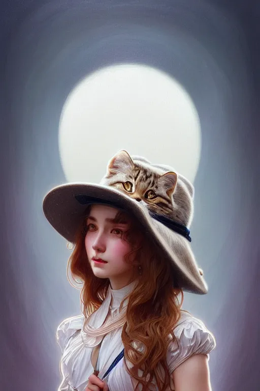 Prompt: symmetry!! girl with siberian cat in a hat!!, intricate, elegant, highly detailed, digital painting, artstation, concept art, smooth, sharp focus, illustration, art by artgerm and greg rutkowski and alphonse mucha, 8 k