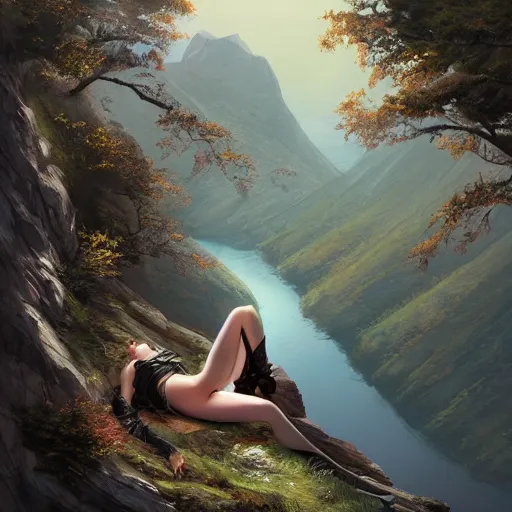 Prompt: a beautiful woman laying on the edge of a cliff above a fjord, in the style of greg rutkowski, artgerm, artstation, forest in background, highly detailed, digital art, gorgeous