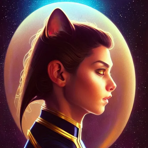 Image similar to a uhd photorealistic portrait of a cosmic feline humanoid starfleet officer holding olding a phaser, fantasy, sharp focus, intricate, sci - fi, artstation, matte, hyperdetailed, concept art, illustration, studio lighting, art by ilya kuvshinov, artgerm, alphonse mucha, amano, and karol bak