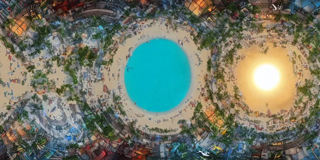 Image similar to 3 6 0 panorama hdr environment map of being on a beach party people music sand light sunset photograph very high detail focus octane render