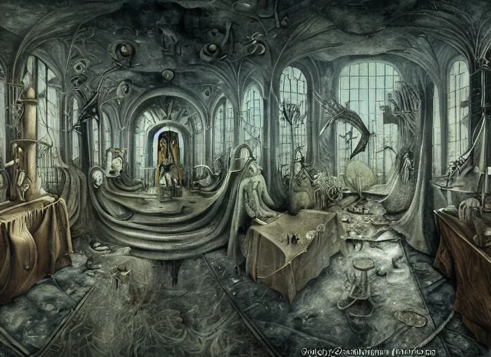 Image similar to matte painting in the style of hieronymus bosch, leonora carrington and james gurney : : intricate detailed study of a wild, psychedelic nightmare full of imaginary creatures : : interior view of a complex modern building : : ultra - detailed technical precision : : high definition 3 d render, unreal engine, 4 k, hi - res textures