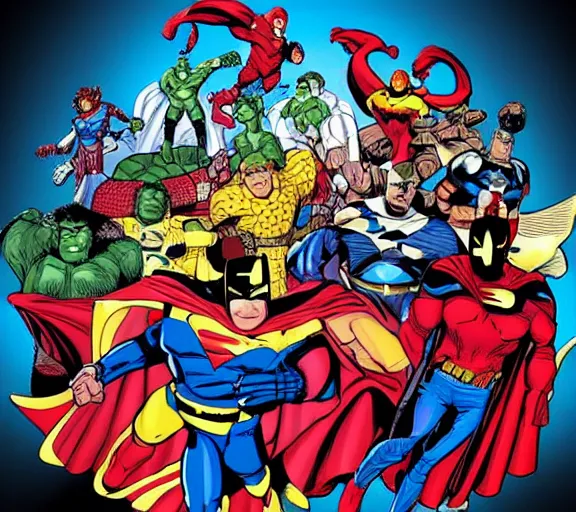 Image similar to Amazing fantasy art of marvel superheroes fighting against DC superheroes