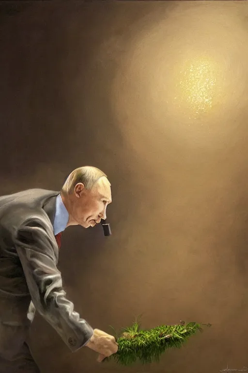 Image similar to Putin inhaling from Copium tank, oil painting, highly detailed, hyper realistic, volumetric lighting