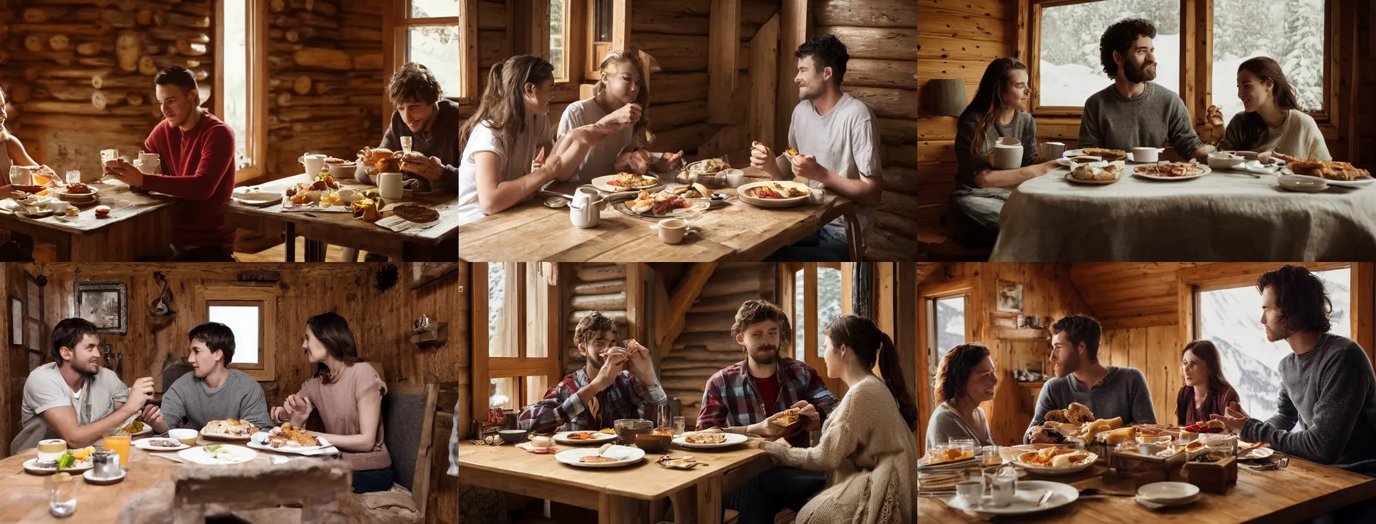Prompt: young couple during the breakfast inside their mountain cabin, still from a HBO drama, 2018 cinematography
