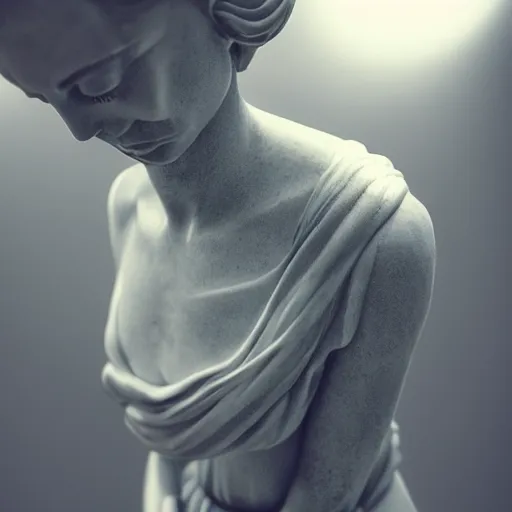 Image similar to artistic portrait of a female marble statue, art by alessio albi 8 k ultra realistic, crying, lament, wings, lens flare, atmosphere, glow, detailed, intricate, full of color, led lighting, trending on artstation, 4 k, hyperrealistic, 3 5 mm, focused, extreme details, unreal engine 5, masterpiece