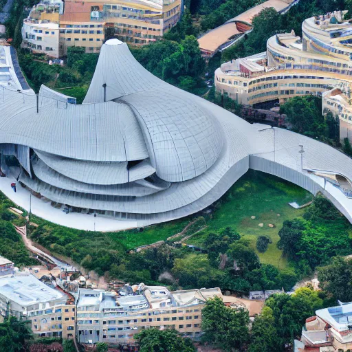 Image similar to an aerial photograph of a building shaped like a music note. the building is on top of a misty hill, smooth, photorealistic, global illumination, radiant light, intricate and detailed environment