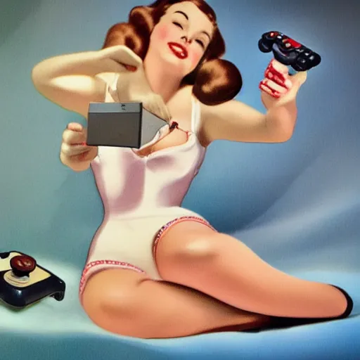 Prompt: a vintage fine art photo of a pin up girl playing with a PS4 controller, in the style of Alberto Vargas, highly detailed and intricate, cinematic lighting 4k