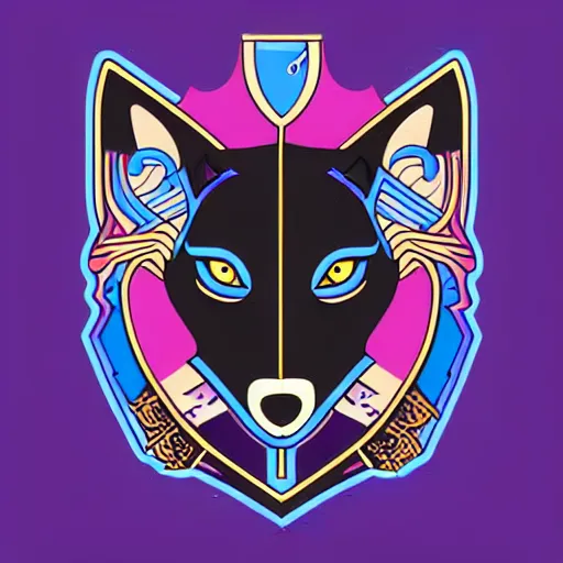 Prompt: coat of arms depicting a black wolf with blue eyes on purple background, art by ori toor, sticker, colourful, illustration, highly detailed, simple, smooth and clean vector curves, no jagged lines, vector art, smooth