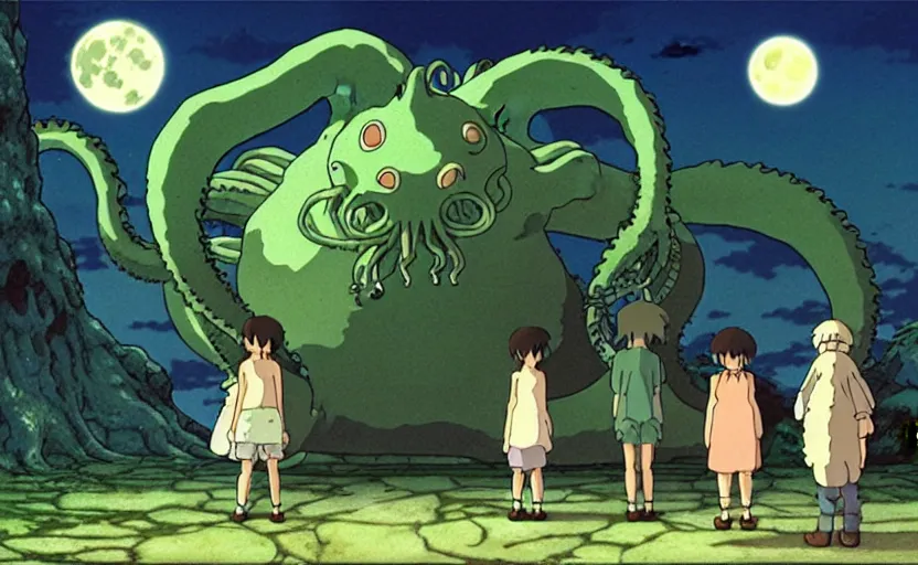 Image similar to a still from a studio ghibli movie of a cartoon cthulhu and friends from princess mononoke ( 1 9 9 7 ), in front of a pale full moon, full body, wide shot, very dull muted colors, studio ghibli, highly detailed, deviantart, art by artgem