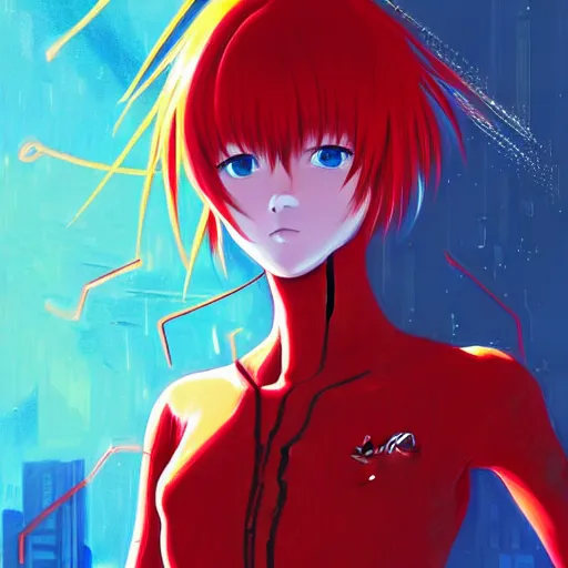 Prompt: portrait of asuka langley soryu, neon - genesis - evangelion. techwear, sci - fi, background, intricate, elegant, highly detailed, digital painting, artstation, concept art, smooth, sharp focus, illustration, by anato finnstark, boissb - blanca. j, cindy avelino, clint cearley, anna podedworna