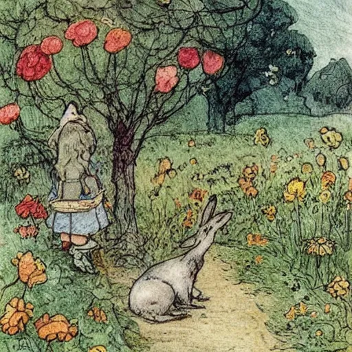 Prompt: Flowery field with extravagant nature flowers, trees, animals, bunnies, rats, sunny day beautiful artwork detailed painting by Anton Pieck by Beatrix Potter