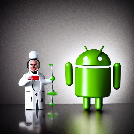 Image similar to a scientist standing over an android. the android is sitting in a dentist's chair. a white viscous liquid is pouring from the scientist's mouth like a river, into the mouth of the android. 3 5 mm 8 k hdr realistic