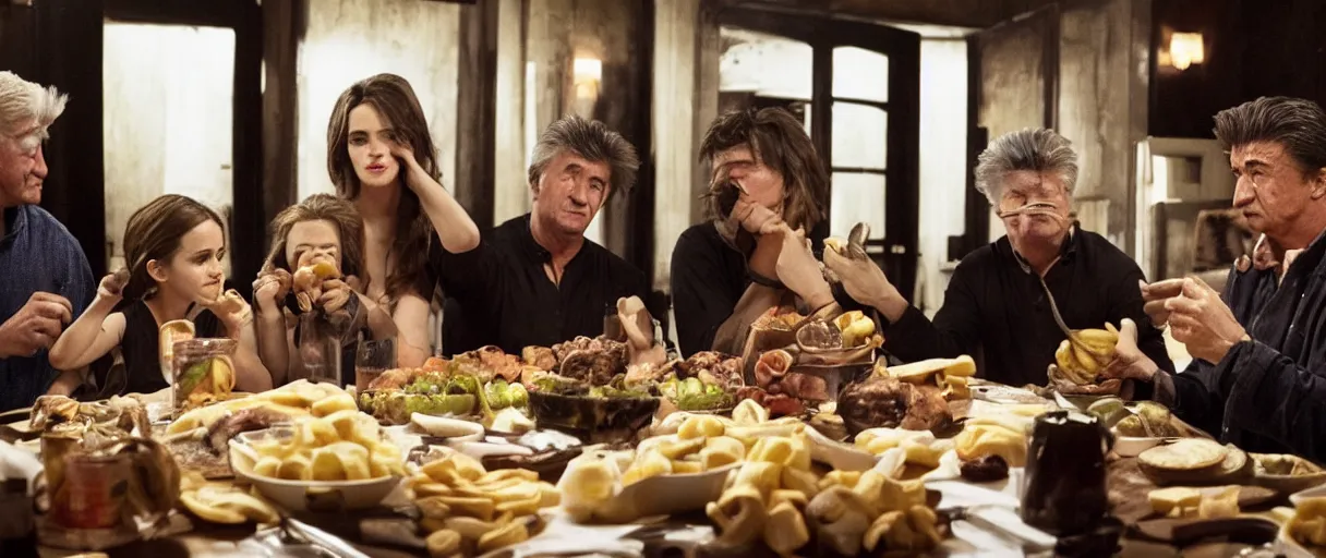 Image similar to photo of family dinner emma watson, david lynch, sylvester stallone, eating bananas, realistic, detailed, emma watson, artsation 4 k