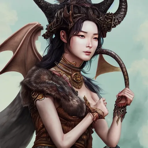 Prompt: an anatomically correct digital artwork of a rugged fantasy woman with a dragon tail and horns, detailed illustration collaboration on artstation, by haoyu feng, su fu, aleriia _ v ( lerapi ), sangsoo jeong, and thu nguyen, beautiful masterpiece.