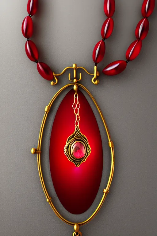 Image similar to historical, art nouveau, red gemstone necklace hanging around a neck, gold metal, glowing inside, octane render, realistic, dramatic light, 3 d, photograph 4 k,