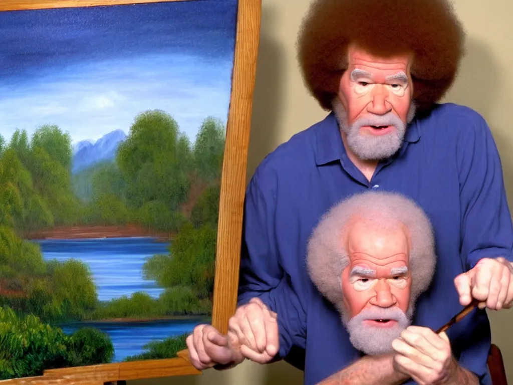 Image similar to old!!!! bob ross is sad and angry and yelling!!! at a huge painting of nature by bob ross