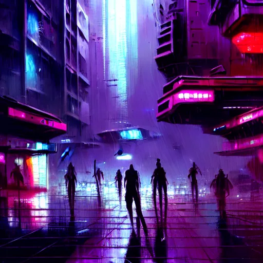 Image similar to photo of a rundown futuristic city scene at night with neon lights, raining, sci fi splash art by craig mullins, greg rutkowski