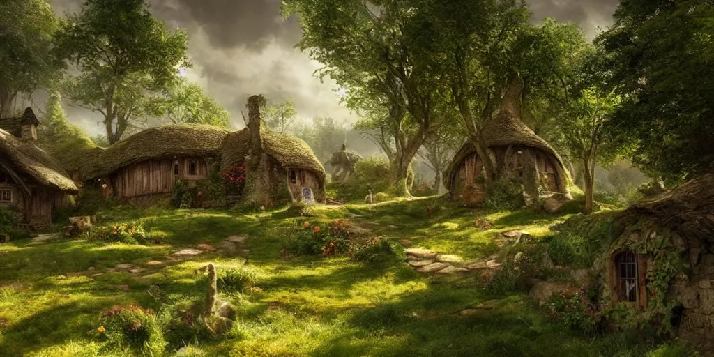 Image similar to the shire, hobbits village. concept art. photorealistic. epic. cinematic. artstation.