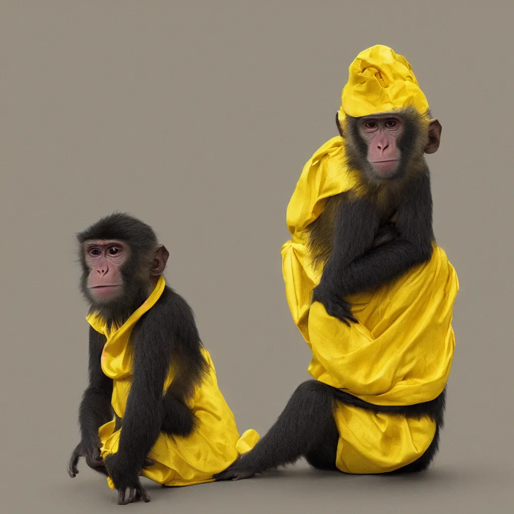 Image similar to a monkey wearing a yellow kimono, 8 k