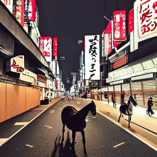 Image similar to horse running down the Tokyo Street night sky busy Street