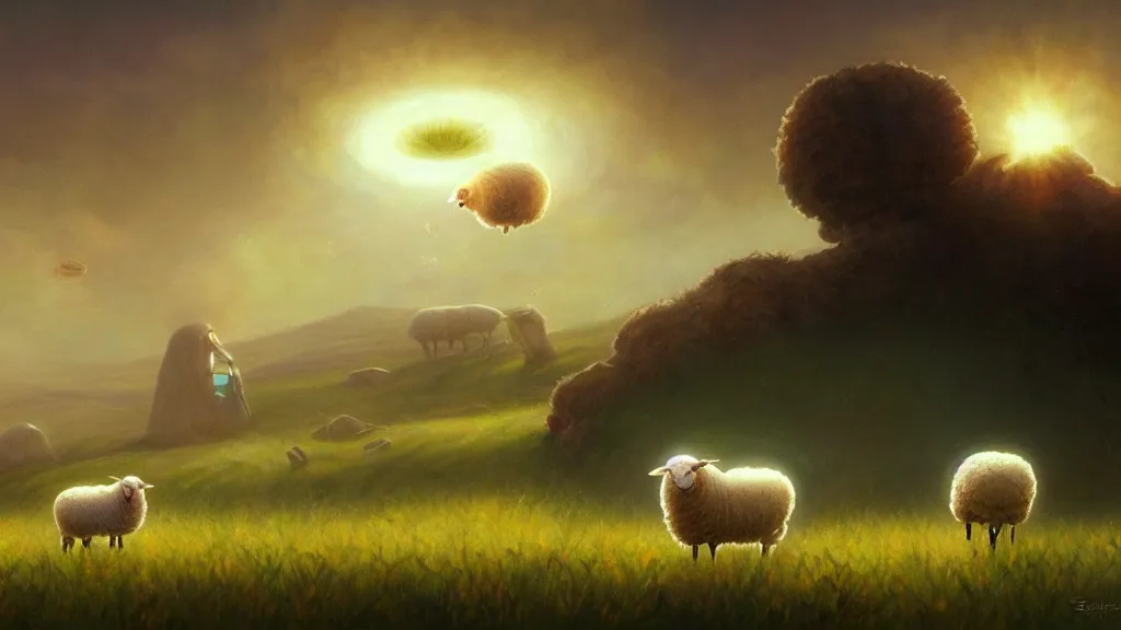 Prompt: sheep in a field being abducted by a ufo!, pastel cartoon, horror! highly detailed, digital painting, artstation, concept art, smooth, sharp focus, illustration, art by simon bisley and greg rutkowski and alphonse mucha