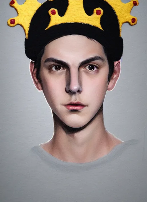 Image similar to portrait of teenage jughead jones wearing a light grey crown, photorealistic, crown made of felt fabric, crown, crown made of felt, black hair, intricate, elegant, highly detailed, digital painting, glowing lights, artstation, concept art, smooth, sharp focus, illustration, art by wlop, mars ravelo and greg rutkowski