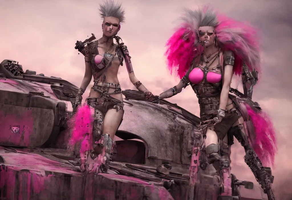 Image similar to beautiful apocalyptic woman with pink Mohawk, posing on mad max panzer tank, 4k ultra hd, fantasy dark art, artstation, octane render