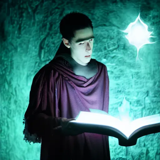 Prompt: a handsome young dark sorcerer casting a necromancer spell, evil glowing spellbook, photorealistic 35mm