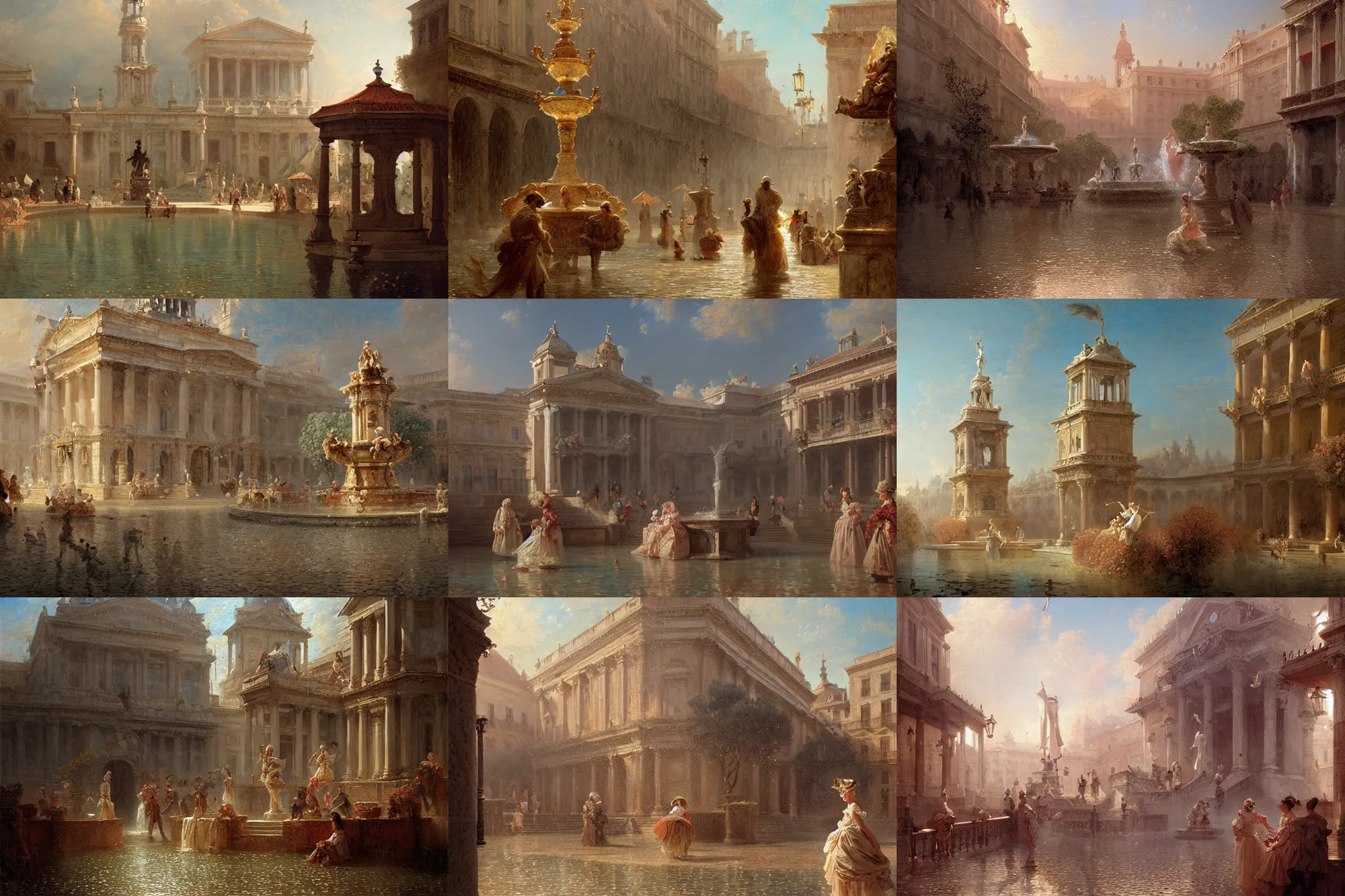 Prompt: colonial fountains of water in a town square, stoic, light dust, magnificent, hyperdetailed, theatrical, close up, masterpiece, painted by jean honore fragonard and greg rutkowski