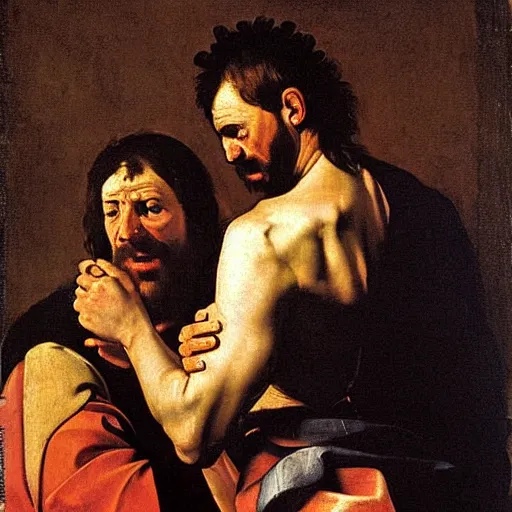 Prompt: judas and jesus discussing ropes. by caravaggio, by diego velazquez, by frans hals. oil painting, high detail, sfumato.