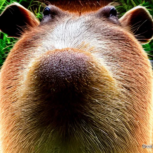 Prompt: capybara with it’s nose right into the camera, outdoors, ultra wide angle, fish eye photo