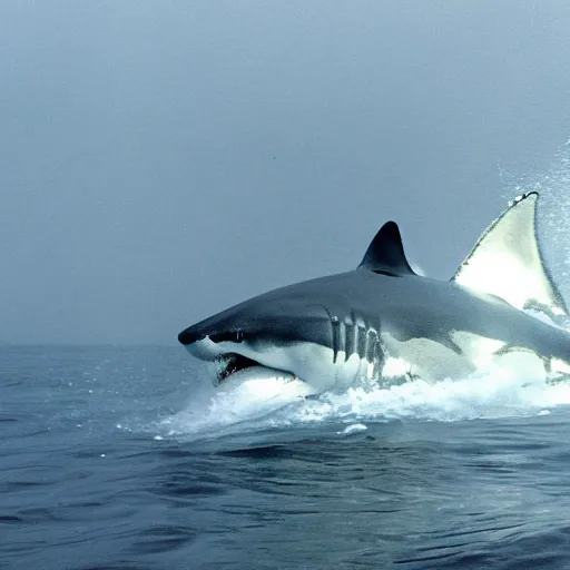 Prompt: great white shark breaching, boat motor churn, churning water, brown opaque water, anxiety, towed towards shark, found footage, oceanic, sea monster, tall waves, catching a glimpse underwater, water surface distortion