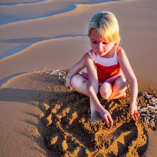 Image similar to little blond girl, making a sandcastle!!! on an Australian Beach, (((red)))!!! sand, shovel, waves, golden hour, Canon EOS R3, f/1.4, ISO 200, 1/160s, 8K, RAW, unedited, symmetrical balance, in-frame