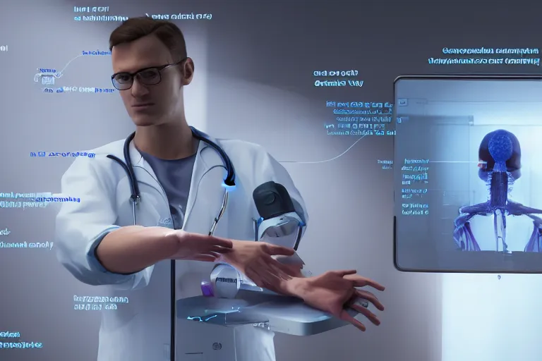 Prompt: digital health tricoder device scanning a human body in the future, unreal engine. hyperdetailed, diagnostics, data visualization, realistic, 4 k, octane