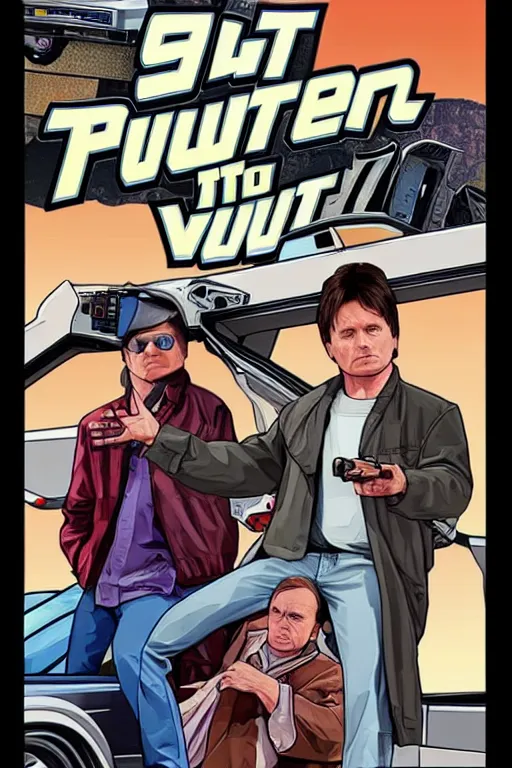 Image similar to GTA V cover art based on Back to the Future, starring Marty Mcfly, played by Michael J Fox. Marty Mcfly on the cover.