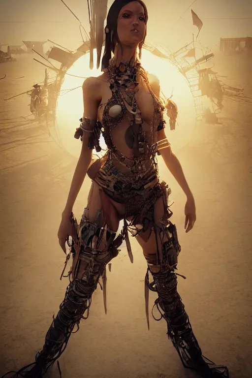 Prompt: a centered photo of a post apocalyptic supermodel goddess at burning man festival playa, powerful, cinematic, beautifully lit, by artgerm, by craig mullins, by karol bak, 3 d, perfect face and body, trending on artstation, octane render, 8 k