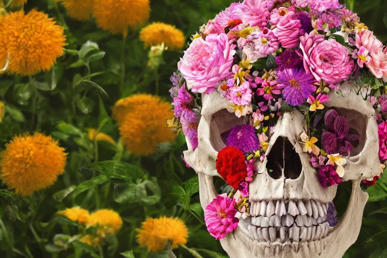 Image similar to human skull made of flowers and filled with flowers, high resolution, high detail, 4 k, 8 k