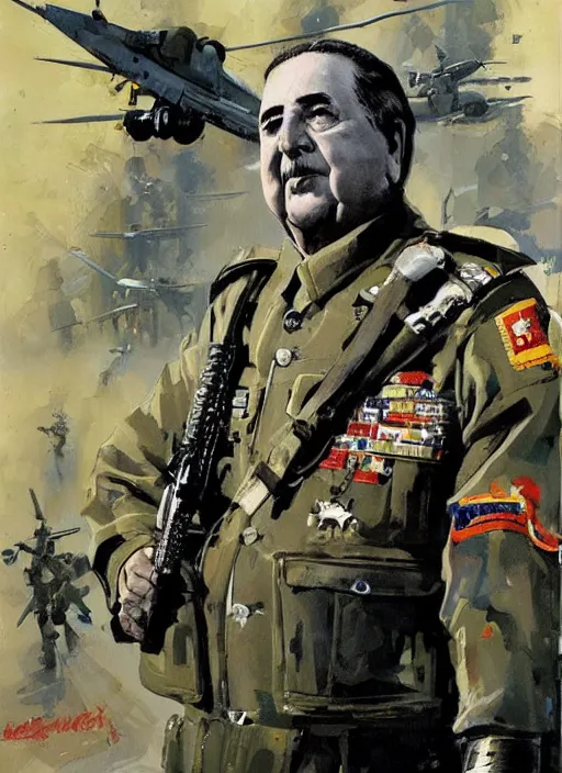 Prompt: pinochet as a cyborg wearing military clothes illustrations by john berkey
